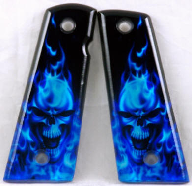 Skull Blue Flames featured on 1911 Magwell Pistol Grips