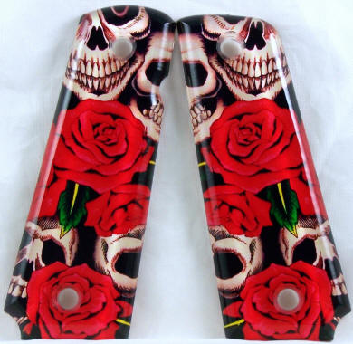 Skulls and Roses featured on 1911 Fullsize Left Side Safety Pistol Grips